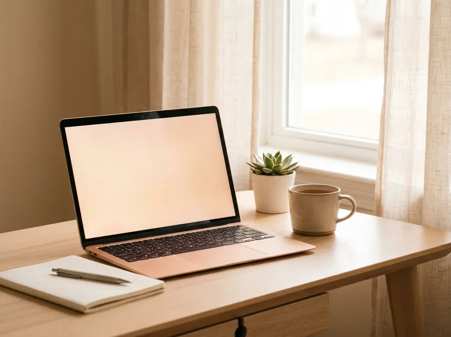 Laptop, zeszyt i herbata przy oknie, lekcje angielskiego online